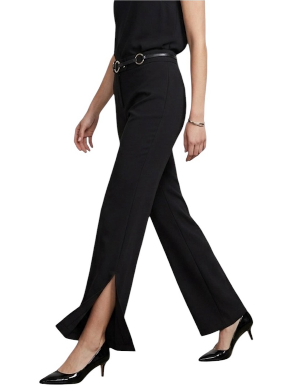 Women's Black Dressy Split-Hem Wide-Leg Pants 12 L Leather Belt Vintage Retro